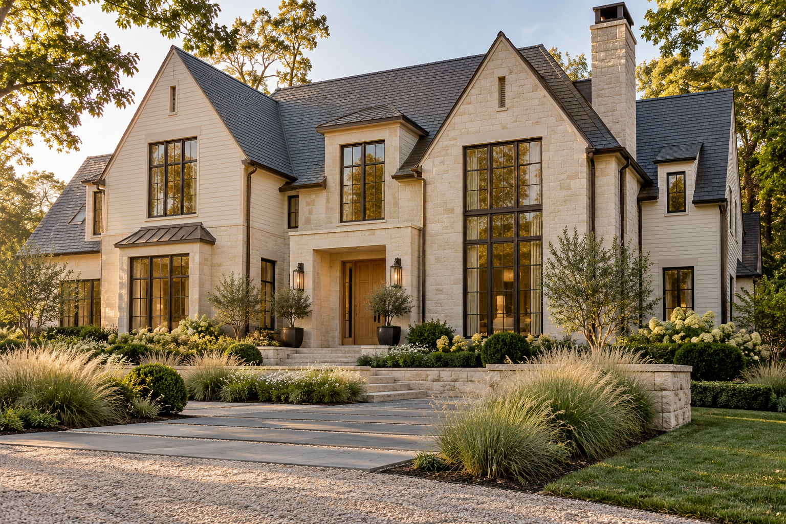 Illustrative design study of a stone and clapboard residence with dark windows and landscaped grounds
